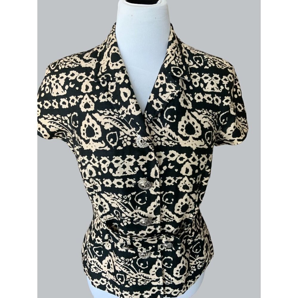 RICKIE FREEMAN FOR TERRI JON LADIES SS VNECK ALL LINEN BLACK BLOUSE SHIRT EUC 4